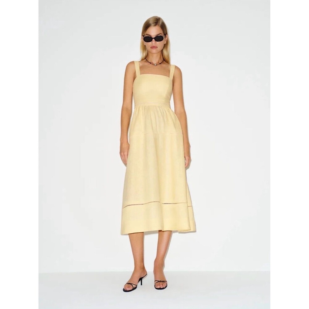 NEW REFORMATION Everett Square-Neck Yellow Linen Midi Dress Ray of Light, US6